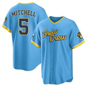 Men's Milwaukee Brewers Garrett Mitchell Replica Blue Powder 2022 City Connect Jersey